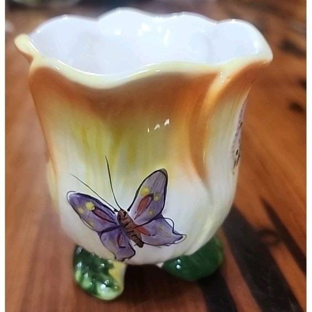 Vintage Butterfly Handpainted Small Bud Vase Planter Footed Colorful 3 1/2 X 3